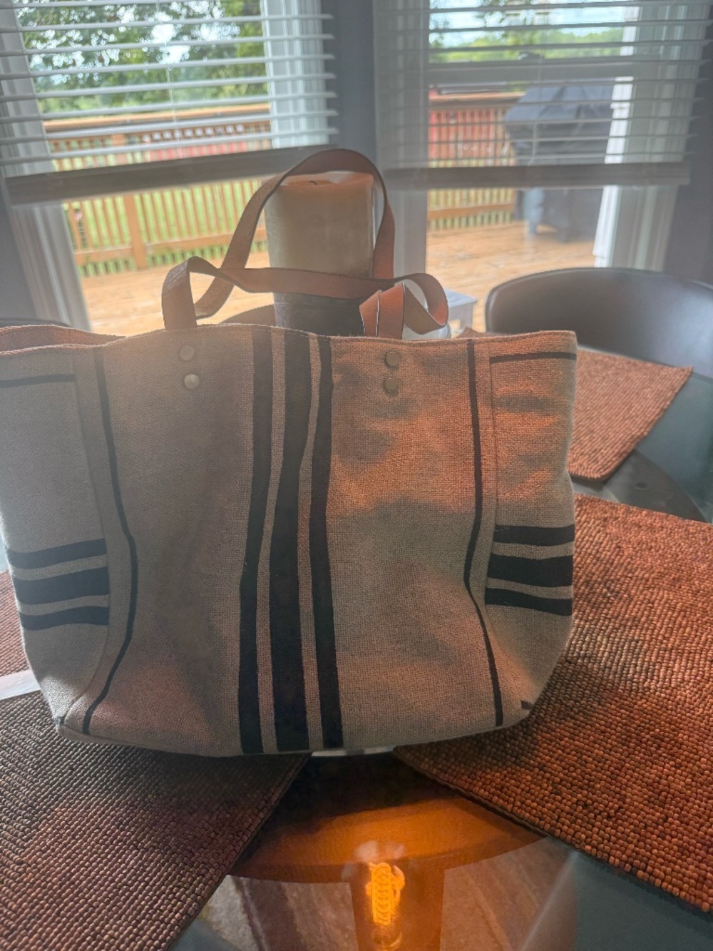J. Jill Linen Striped Tote Bag with Leather Handles